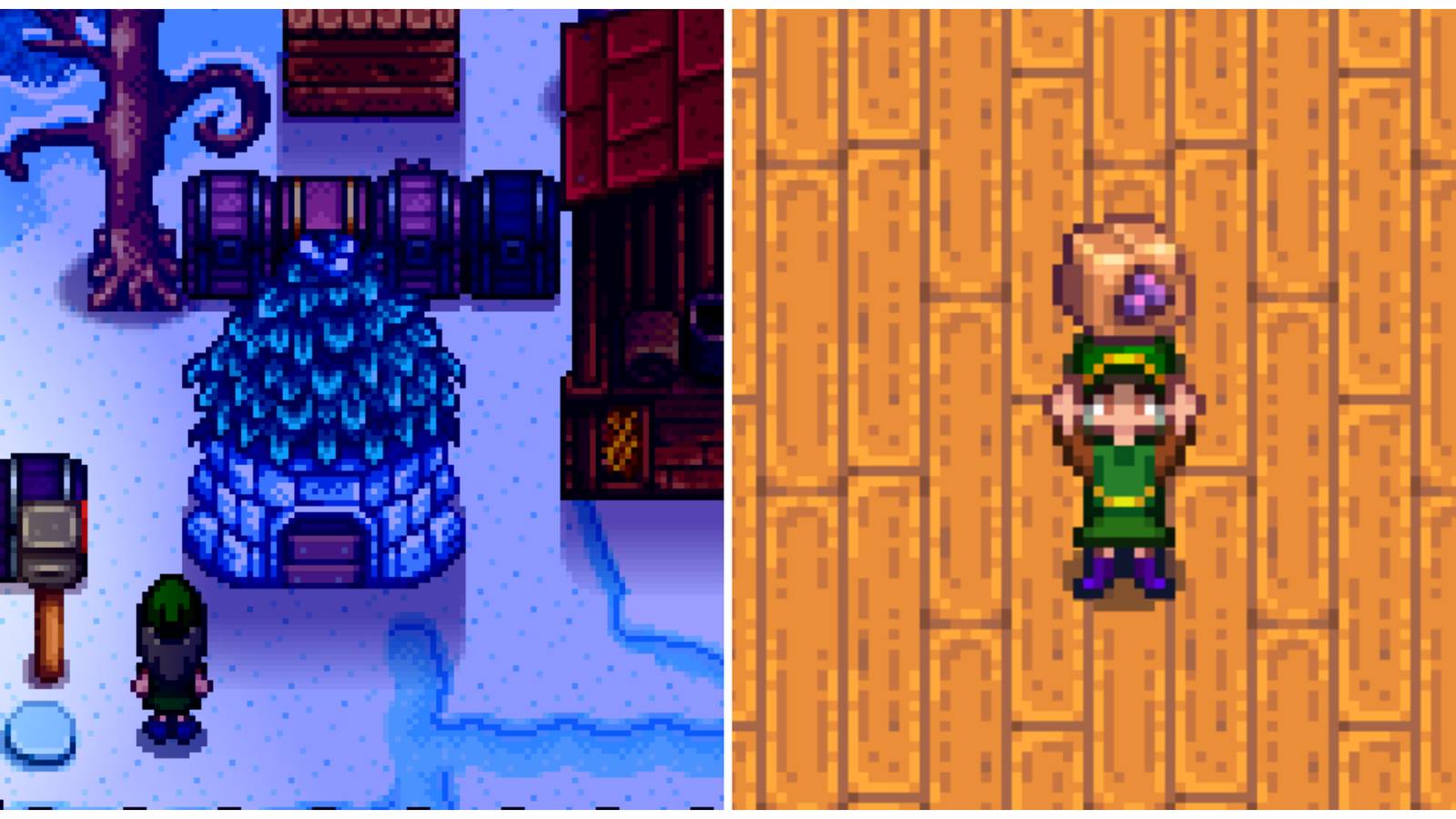 Split image of a Junimo Hut and a character holding raisins in Stardew Valley