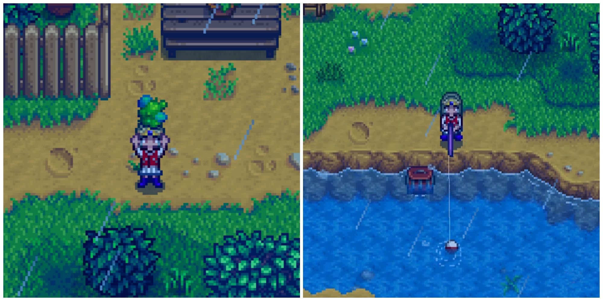 Split image of a character holding a river jelly and a character fishing in a river in Stardew Valley
