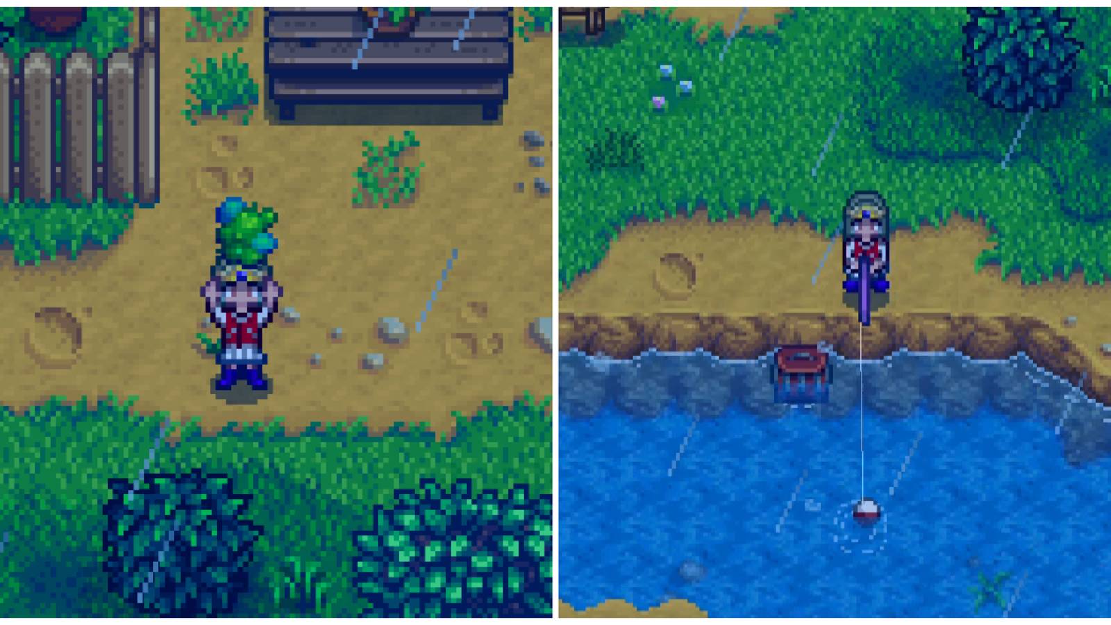 Split image of a character holding a river jelly and a character fishing in a river in Stardew Valley