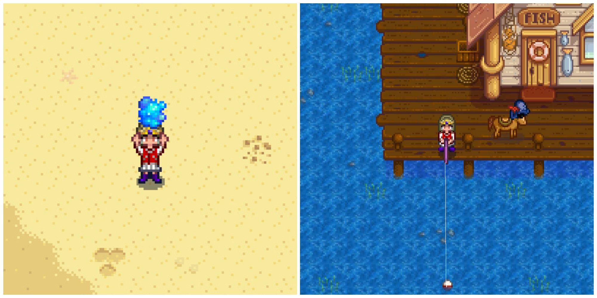 Split image of a character holding a sea jelly and a character fishing in Stardew Valley