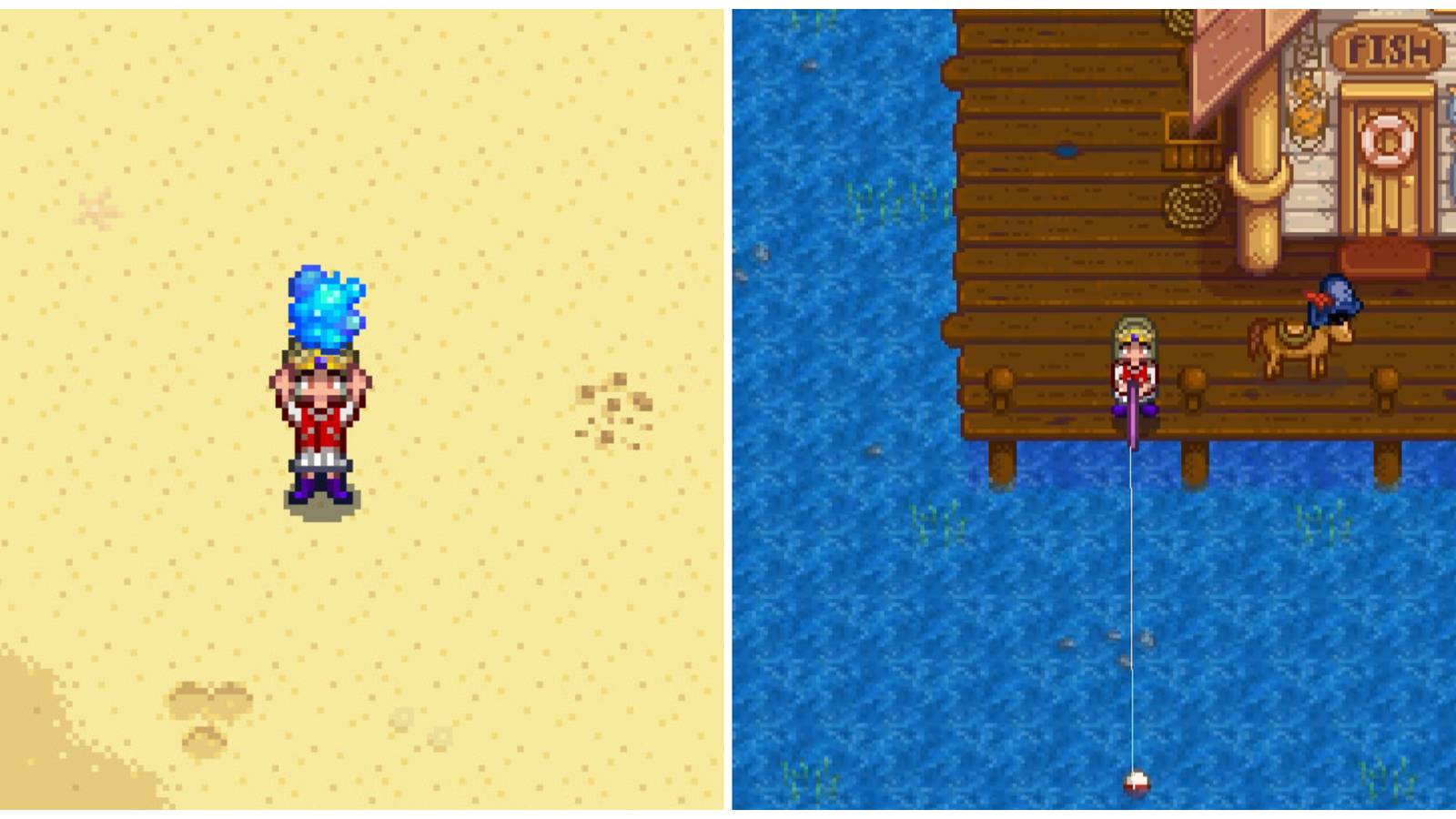 Split image of a character holding a sea jelly and a character fishing in Stardew Valley