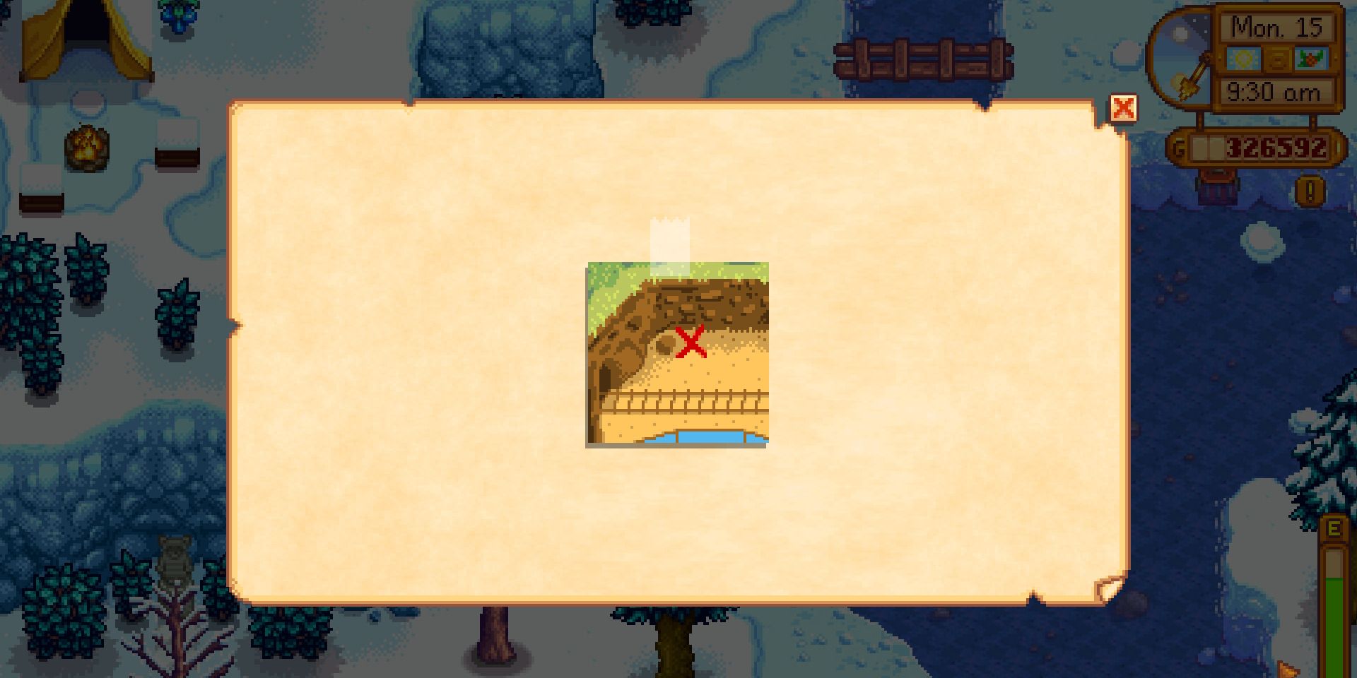 Image of Secret Note #16, which shows a hidden spot with treasure in Stardew Valley
