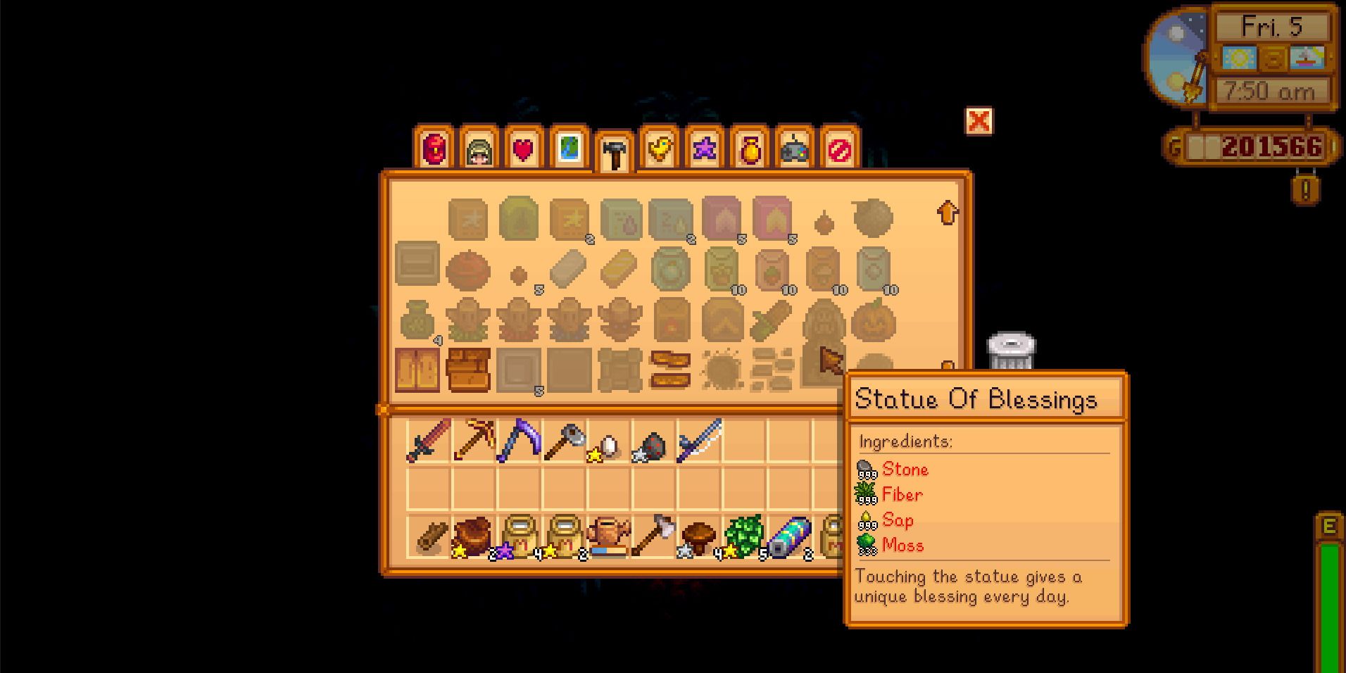 Image of the required ingredients to make the Statue of Blessings in Stardew Valley