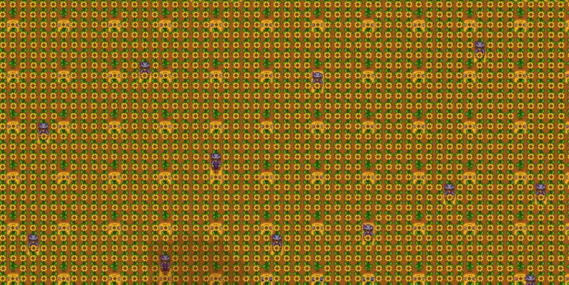 A screenshot of sunflowers growing in Stardew Valley.