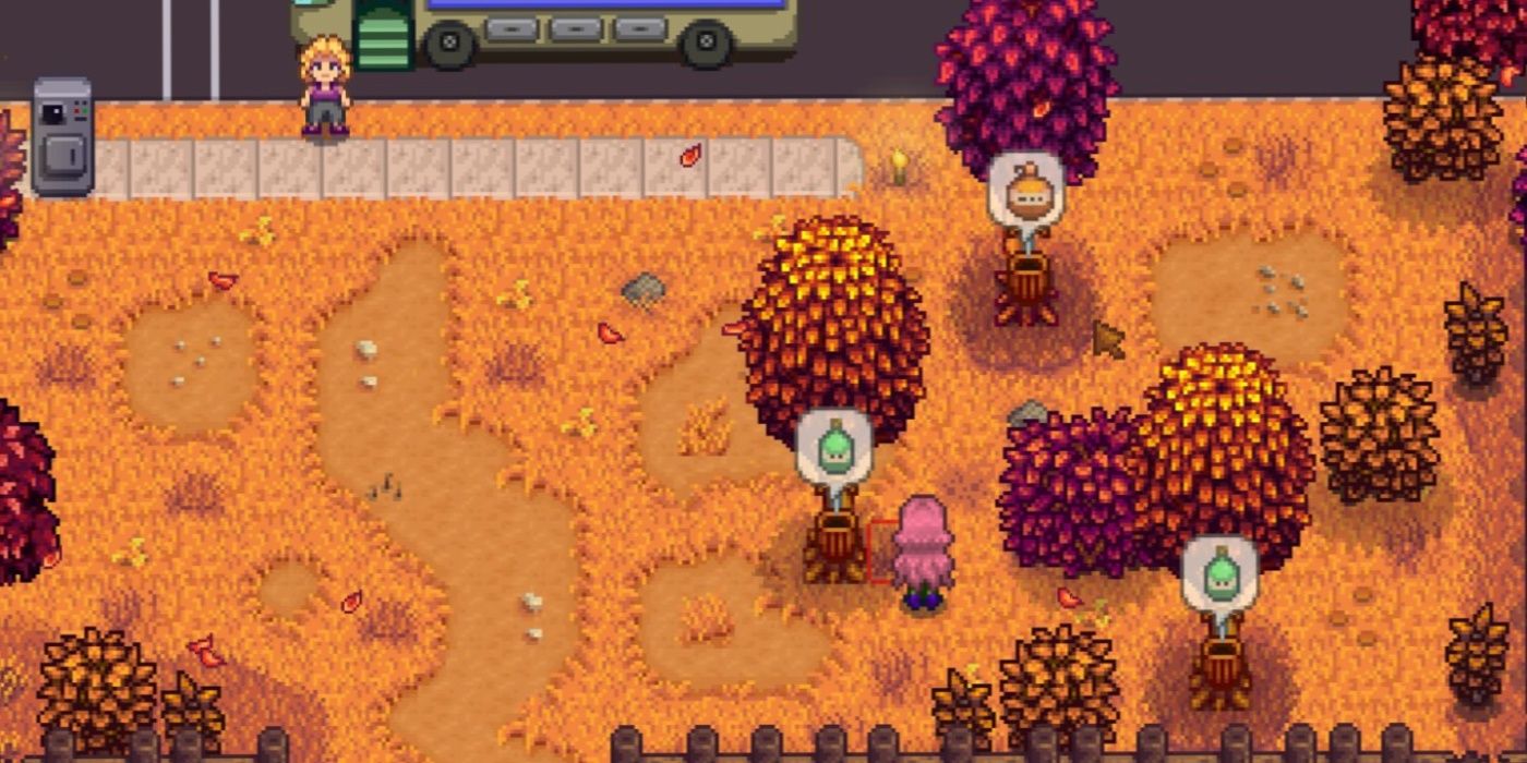 Three tappers on trees in Stardew Valley.