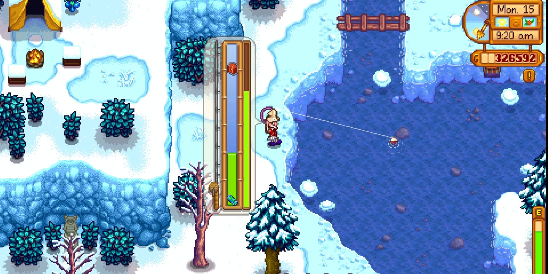 Image of a character fishing for a treasure chest in Stardew Valley