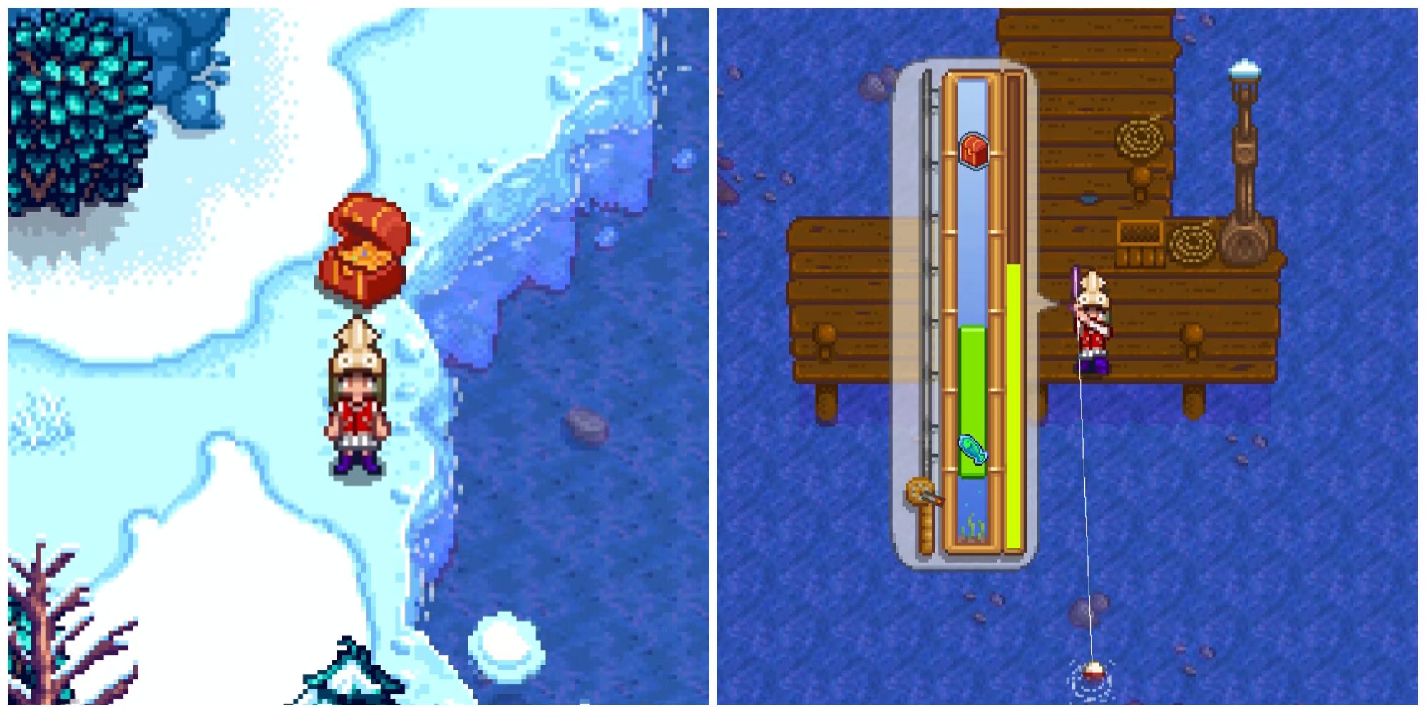 Split image of a character opening up a treasure chest and a character fishing for a treasure chest in the ocean in Stardew Valley