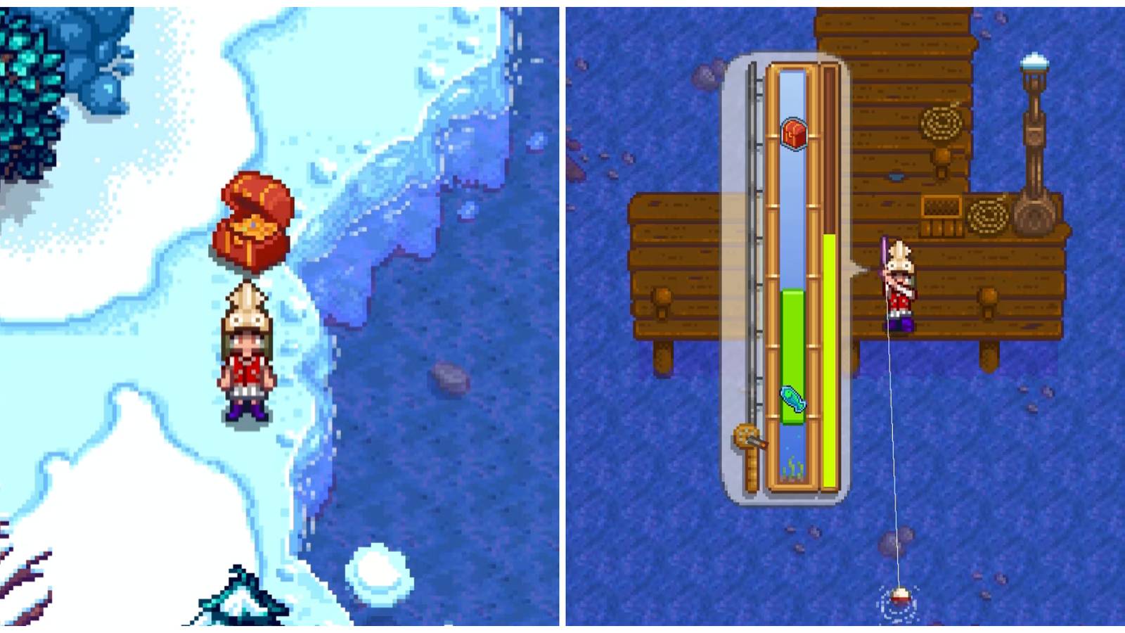 Split image of a character opening up a treasure chest and a character fishing for a treasure chest in the ocean in Stardew Valley
