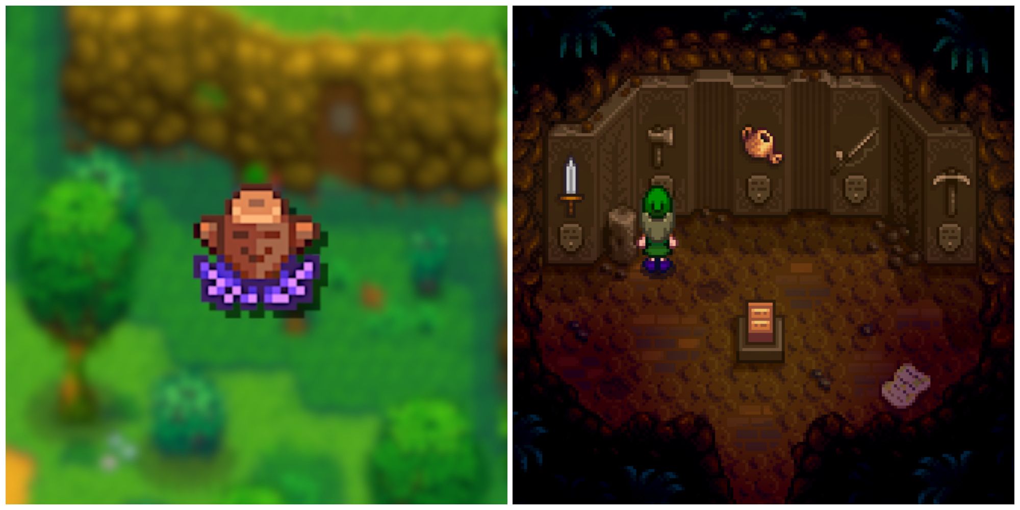 Split image of the Treasure Totem and a character in front of the Foraging Mastery Pillar in Stardew Valley