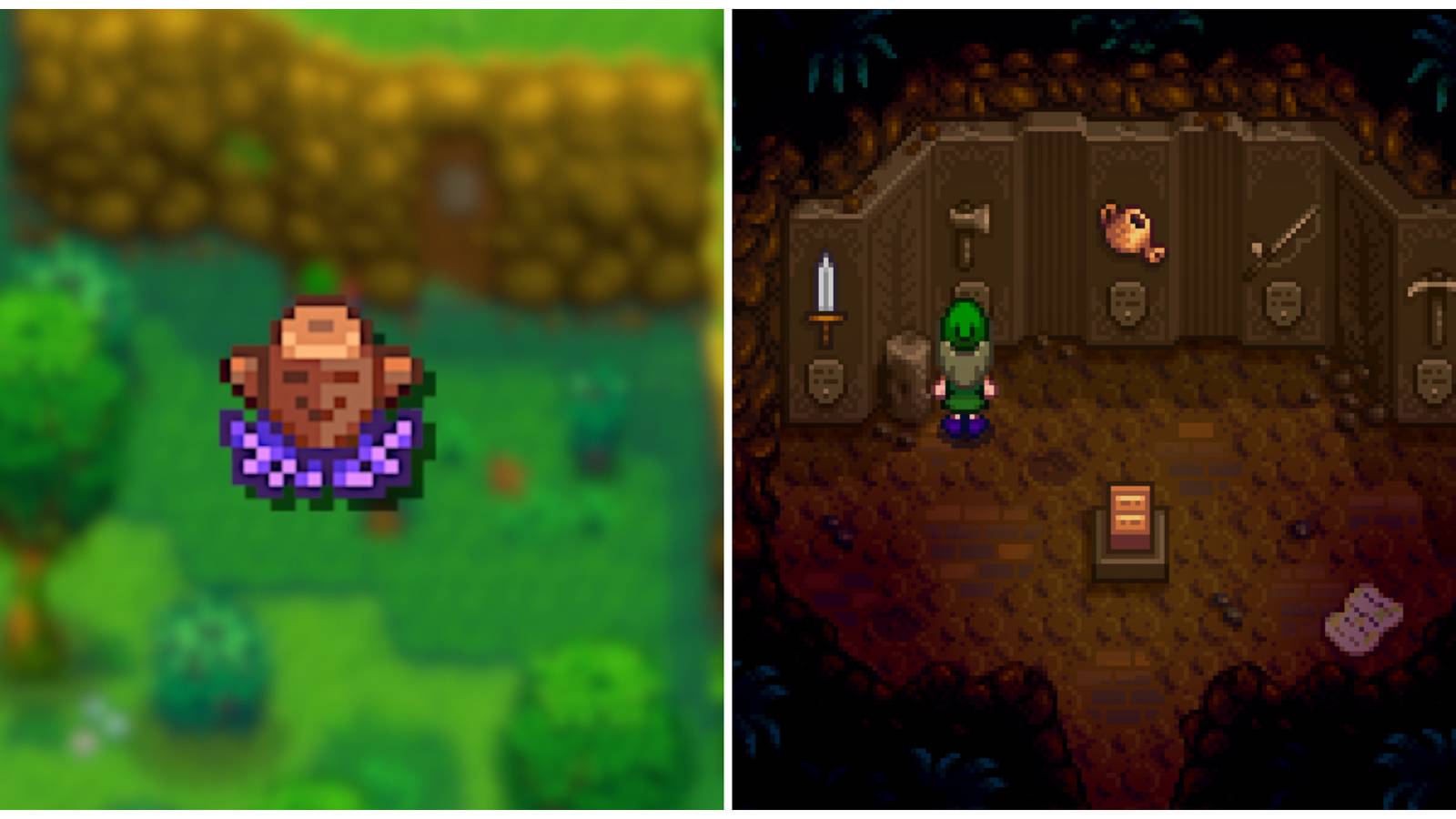 Split image of the Treasure Totem and a character in front of the Foraging Mastery Pillar in Stardew Valley