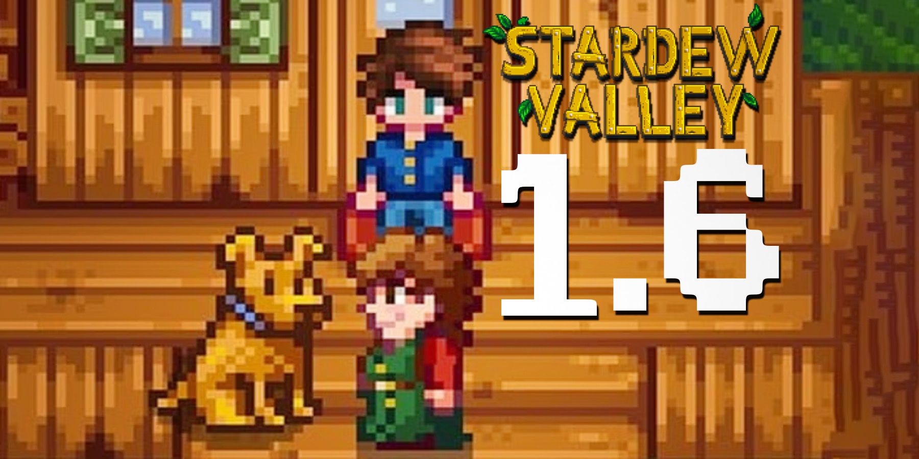 Stardew Valley Update 1.6 pets dog composite with game logo