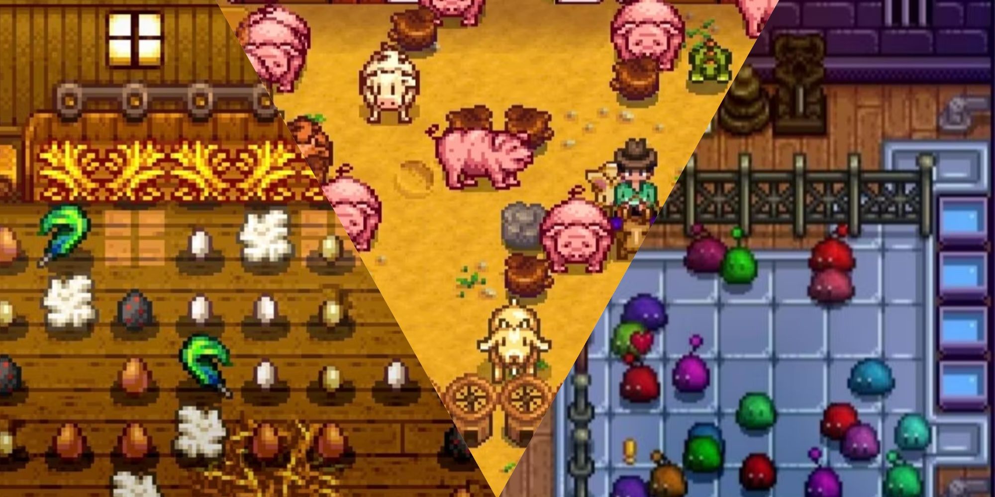 Three images of Stardew Valley showing animal products