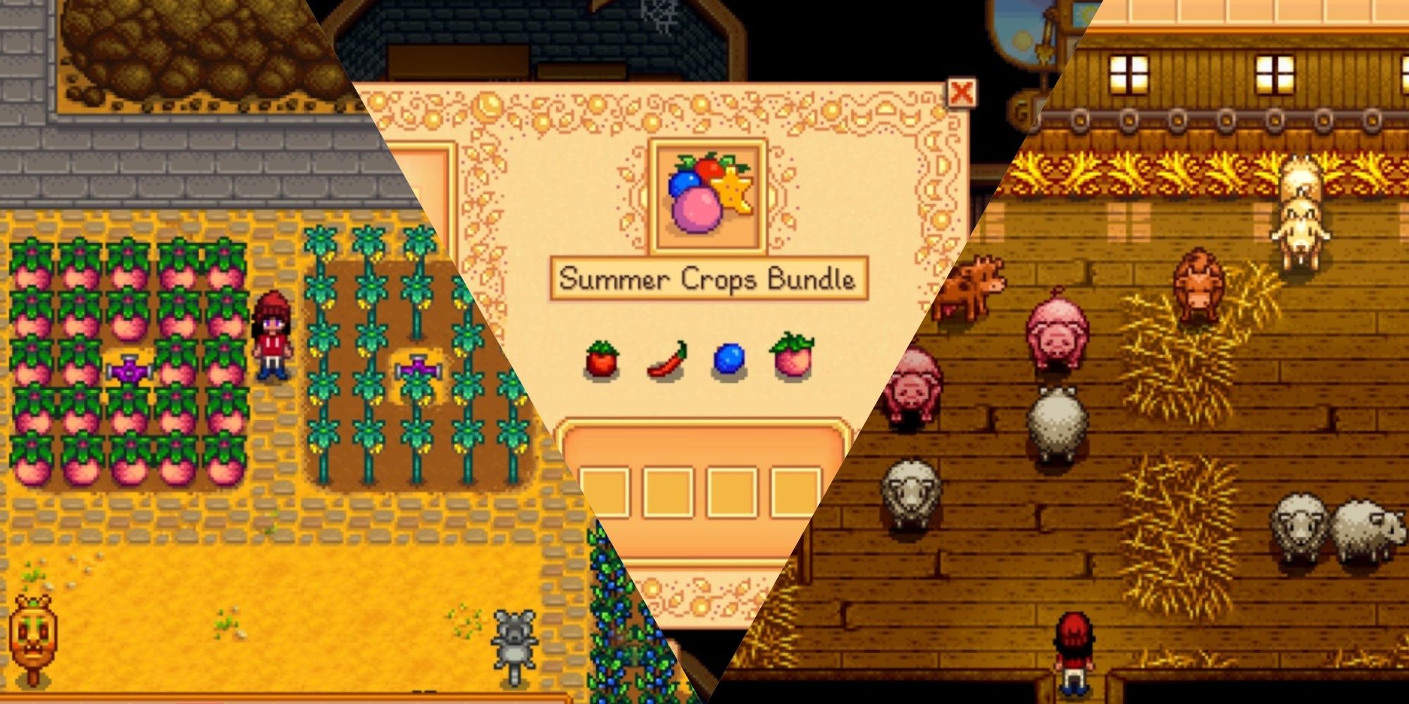 Stardew Valley images with crops, summer bundle, and animals in a barn
