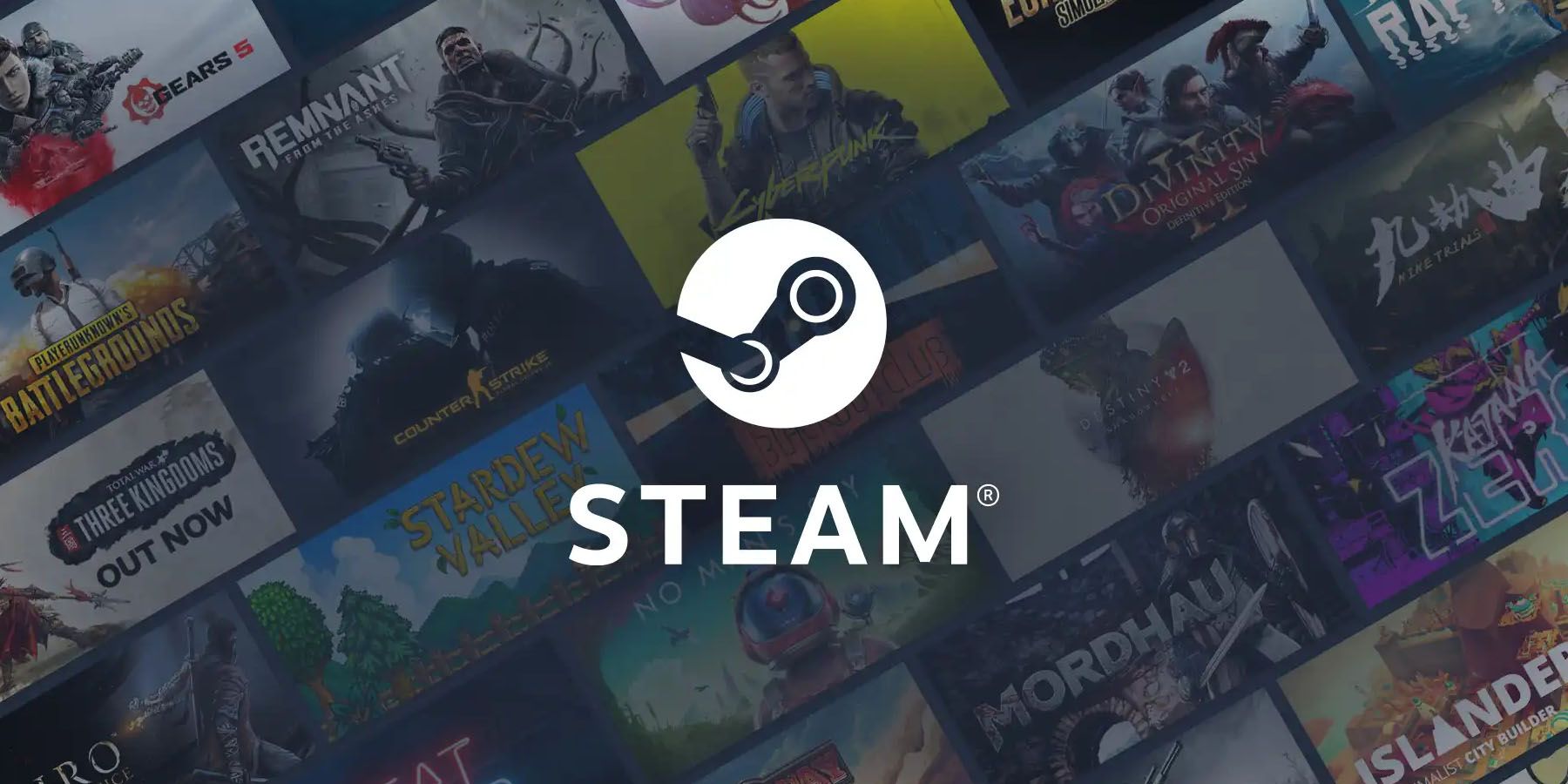 An image of a white Steam logo behind a collection of games available on the platform.