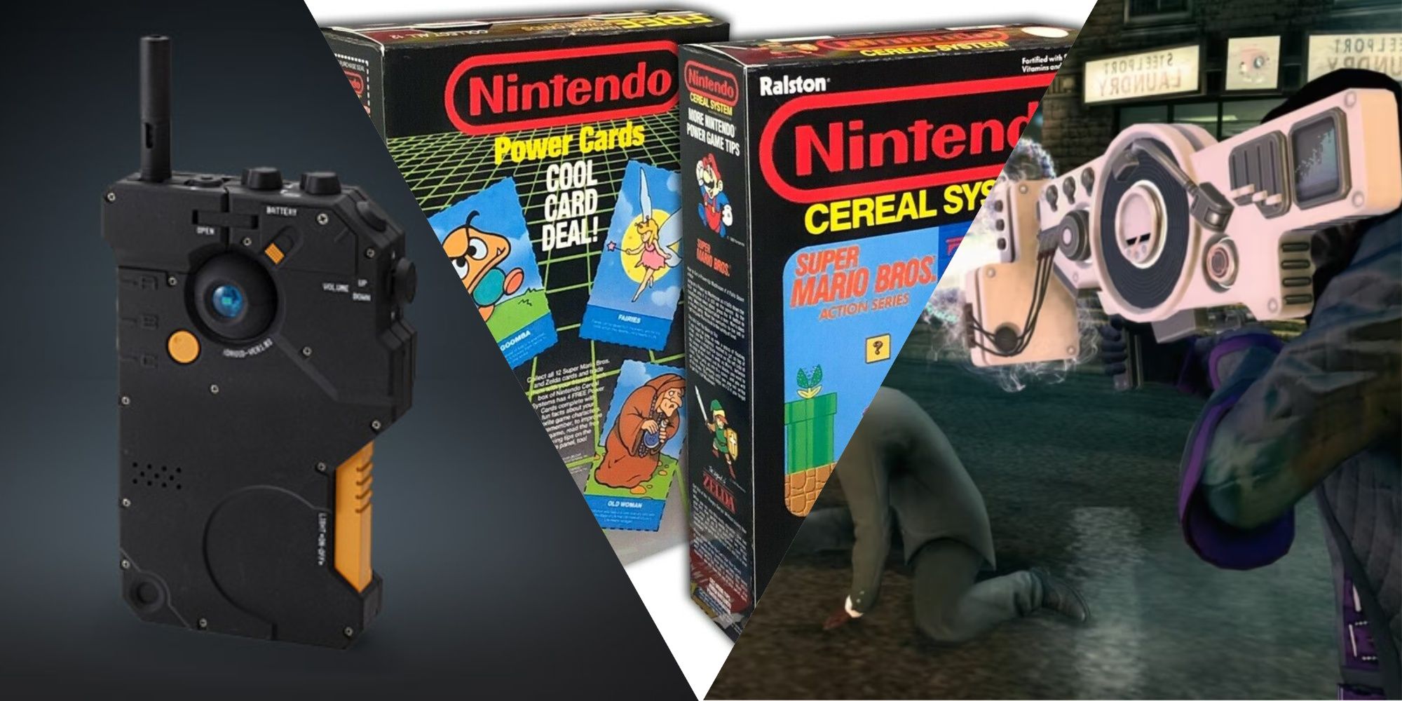 Three images showing a walkie talkie, boxes of cereal, and a futuristic gun.