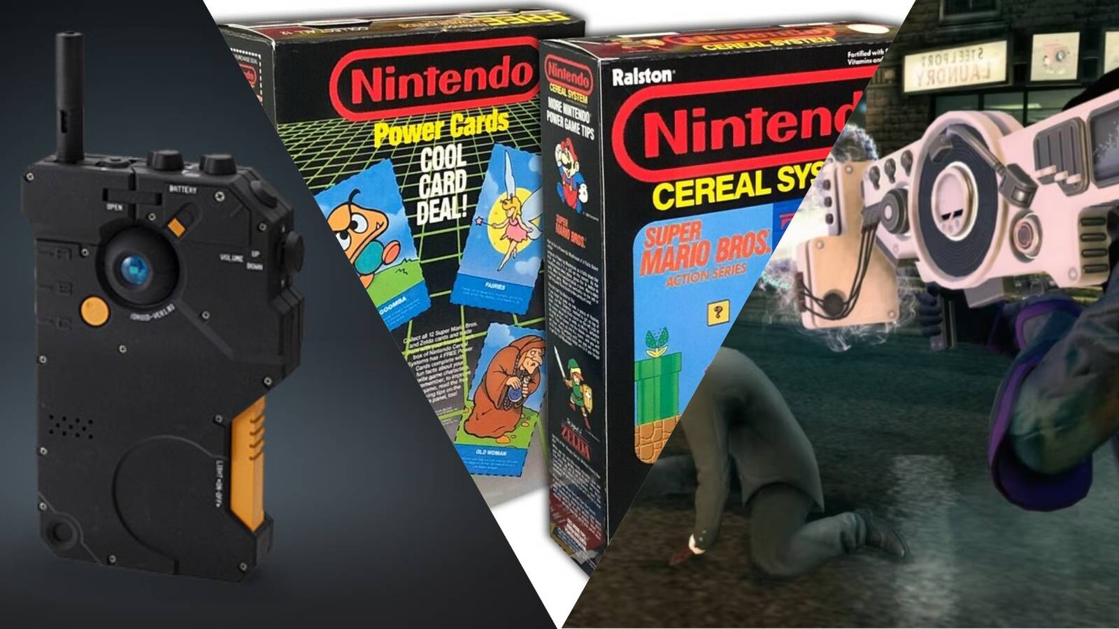 Three images showing a walkie talkie, boxes of cereal, and a futuristic gun.