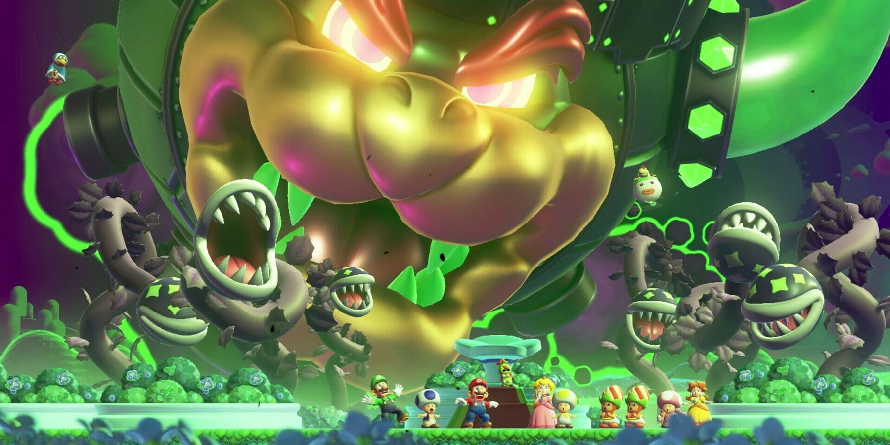 A screenshot of Bowser's fortress threatening Mario and his friends in Super Mario Bros. Wonder.