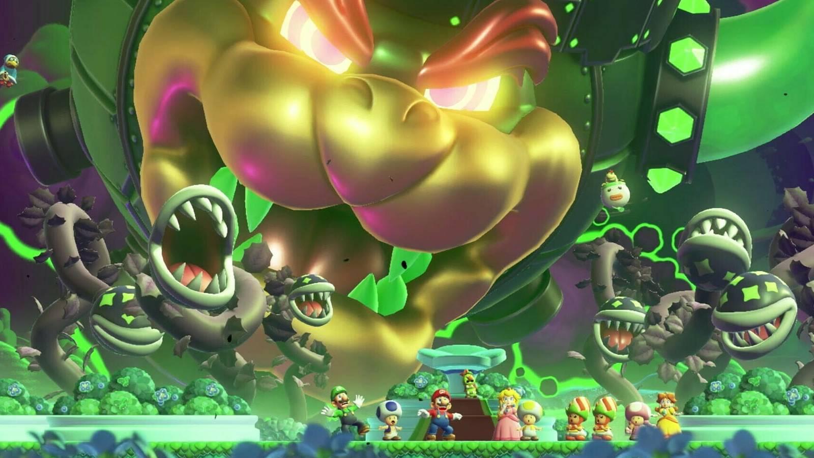 A screenshot of Bowser's fortress threatening Mario and his friends in Super Mario Bros. Wonder.