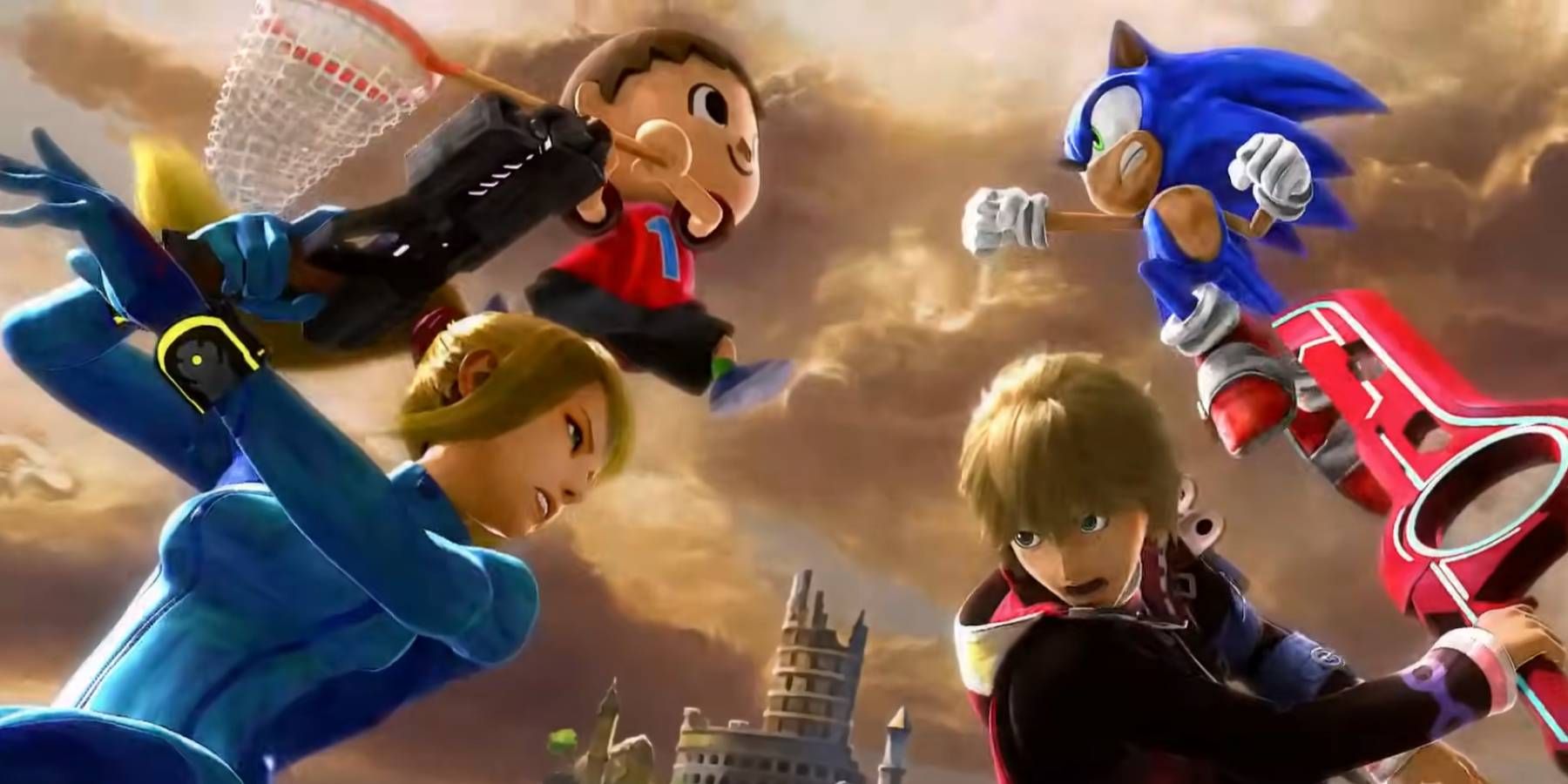 Villager, Sonic, Zero Suit Samus, and Shulk in the trailer for Super Smash Bros. Ultimate