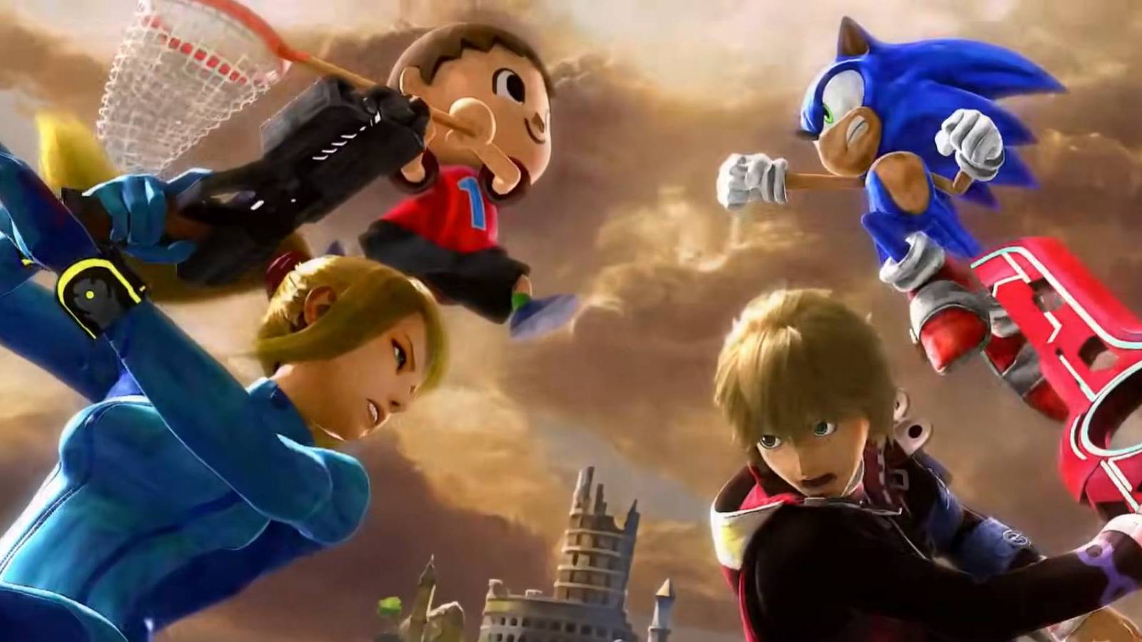 Villager, Sonic, Zero Suit Samus, and Shulk in the trailer for Super Smash Bros. Ultimate