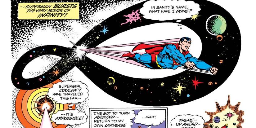 Superman bursting the bonds of infinity in DC Comics