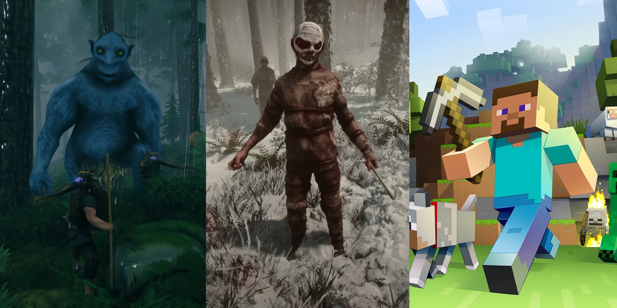 Character brandishes spear at tall creature, an enemy stands in the forest, and Minecraft character walks holding pickax