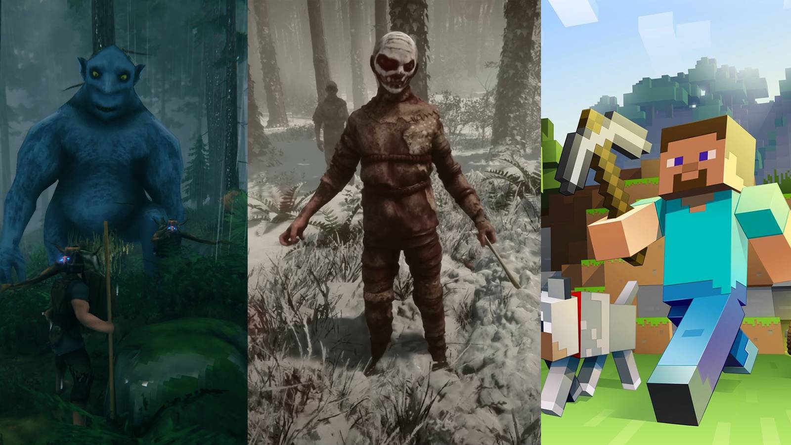 Character brandishes spear at tall creature, an enemy stands in the forest, and Minecraft character walks holding pickax