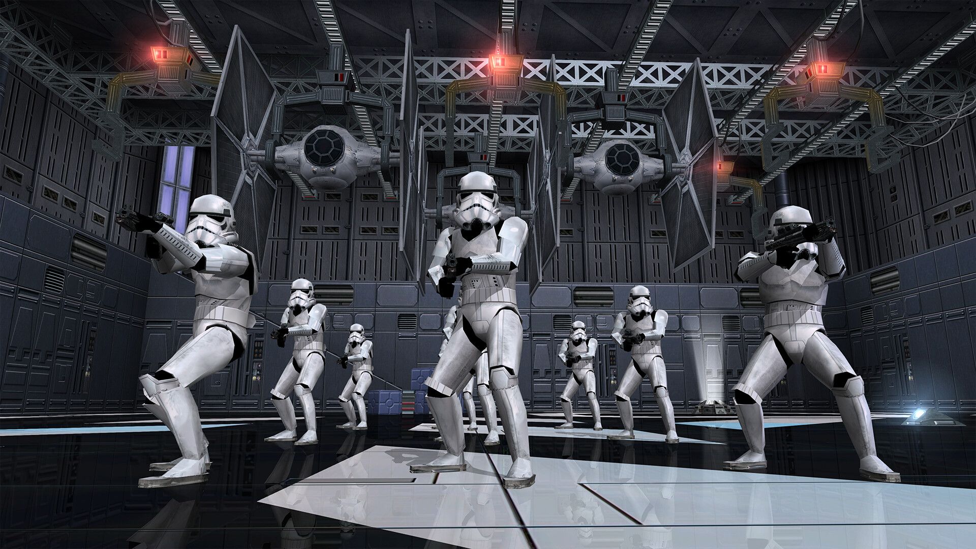 Stormtroopers in a hanger in Star Wars Battlefront Classic Collection