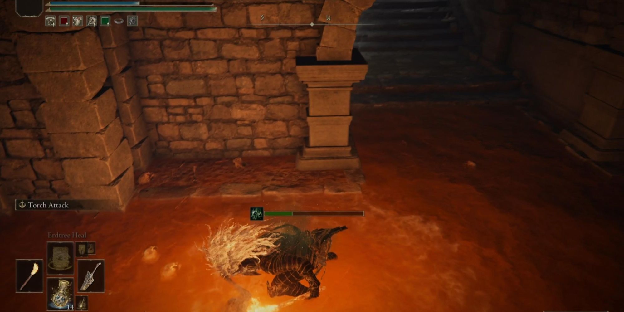 Tarnished standing near a staircase in Elden Ring - Ride the elevator to the top and head up another set of stairs