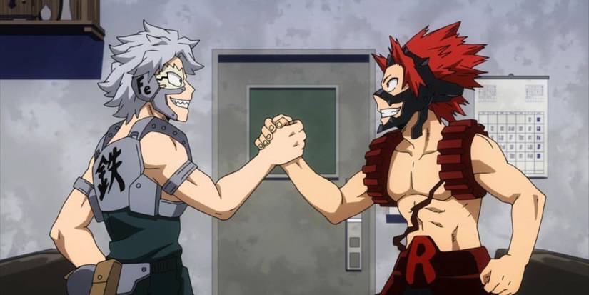 Tetsutetsu and Kirishima greet each other at Fourth Kind's office.