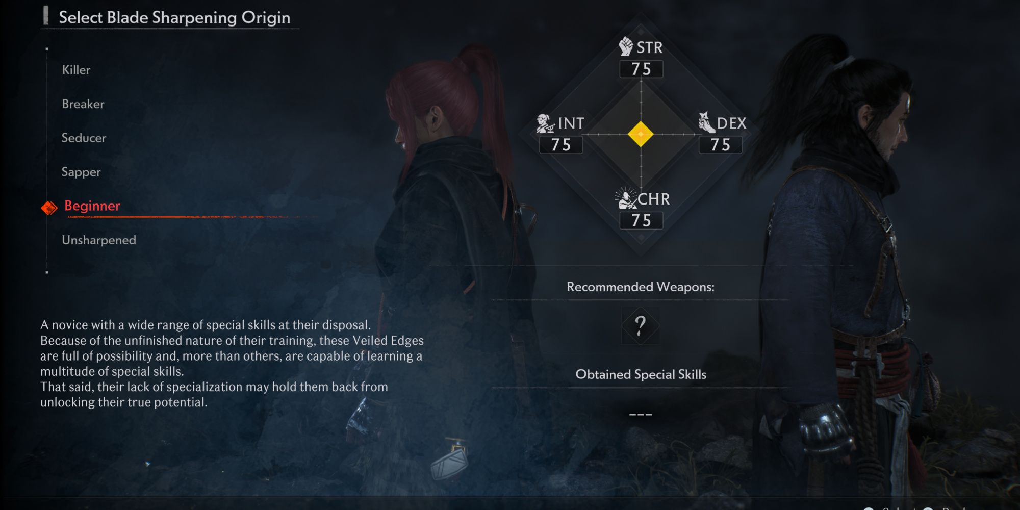 The class menu in Rise of the Ronin