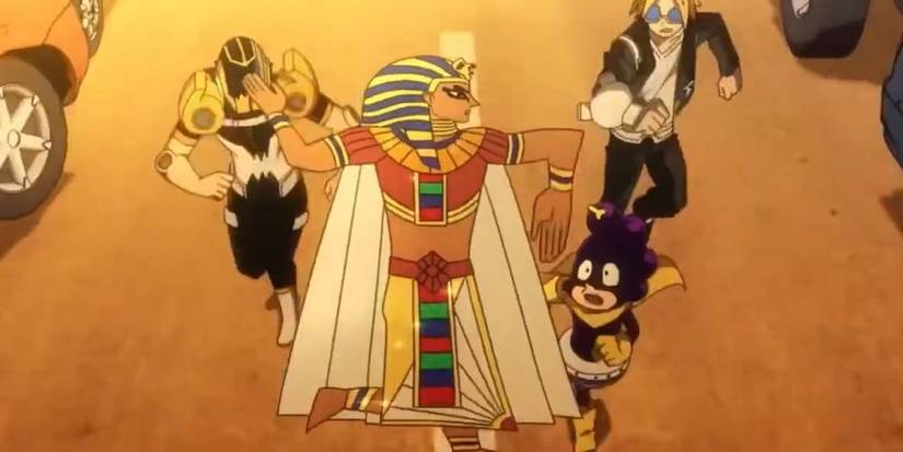 The egyptian hero Salaam motivates Kaminari, Sero, and Mineta in My Hero Academia