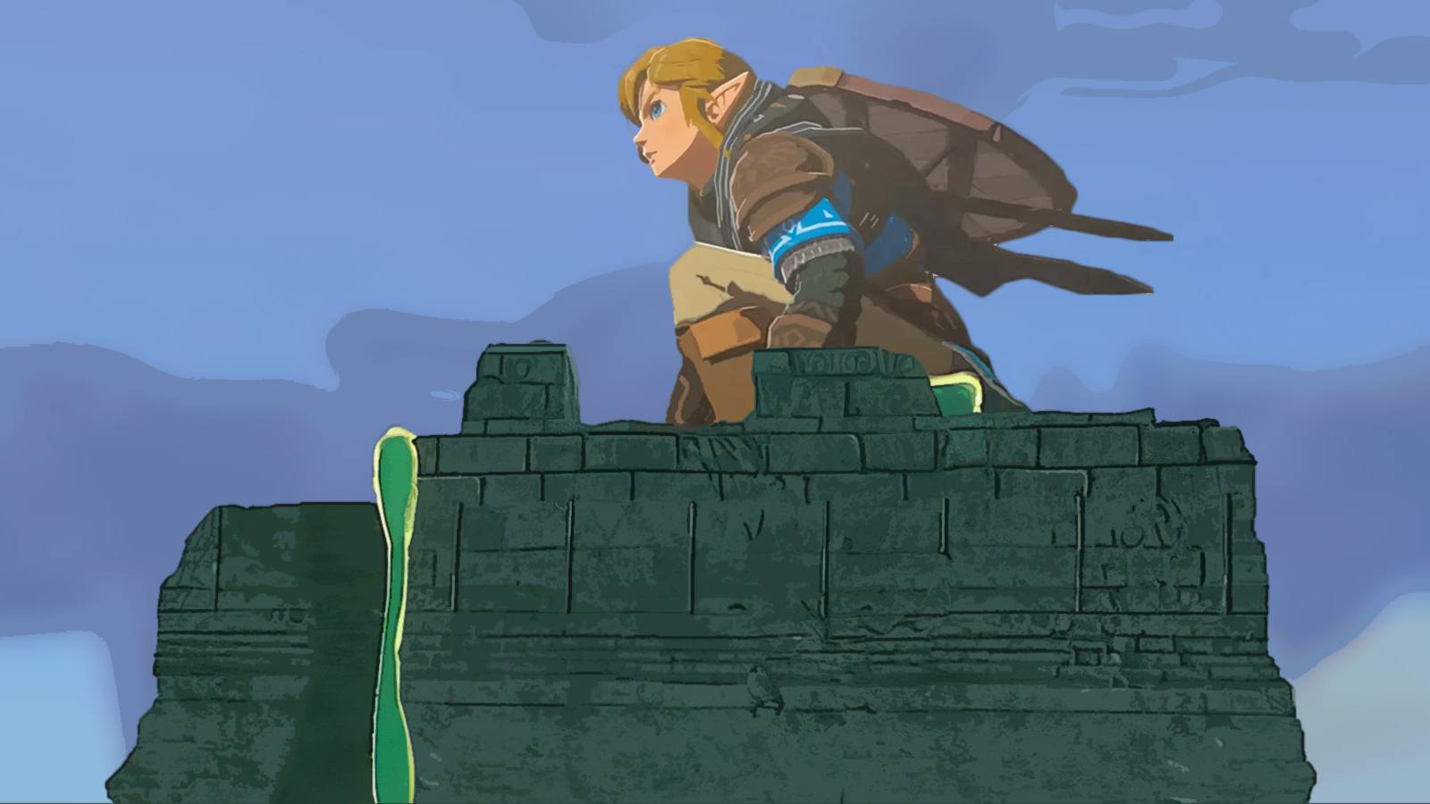 The Legend of Zelda Tears of the Kingdom TOTK Link crouching on broken bridge part posterized composite