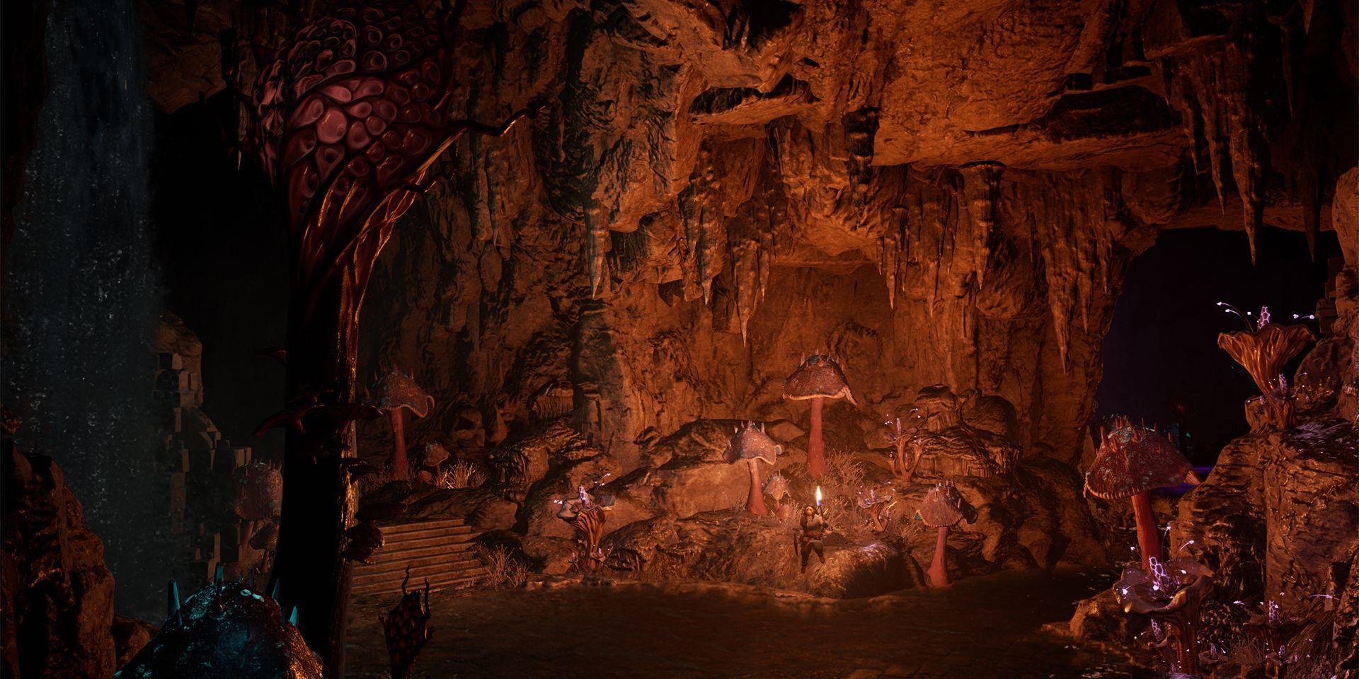 A cave illuminated by a torch in The Lord of the Rings Return to Moria