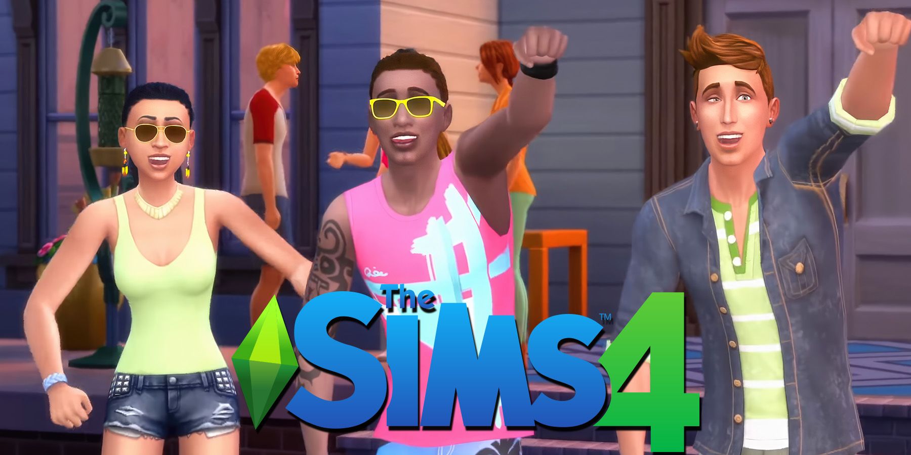 The Sims 4 Backyard Stuff trailer three sims cheering next to game logo upscaled screenshot