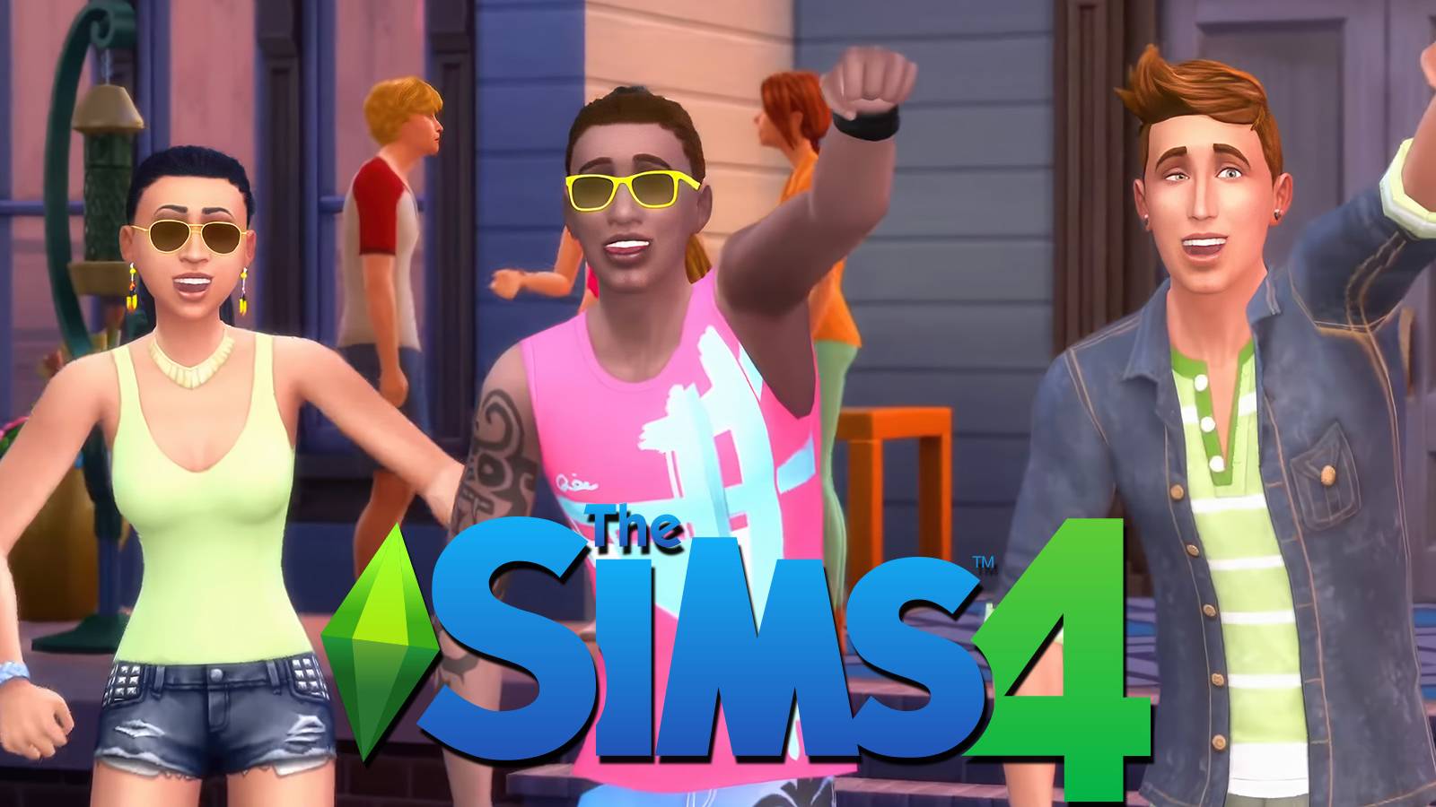 The Sims 4 Backyard Stuff trailer three sims cheering next to game logo upscaled screenshot