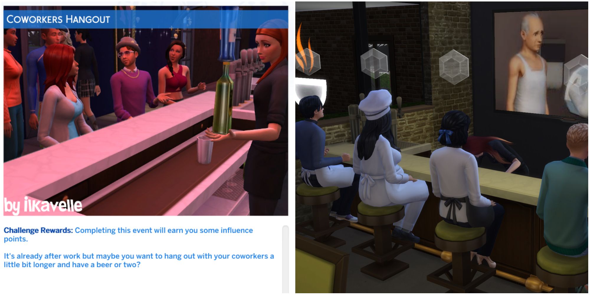 The Sims 4 - The screen that describes the custom Coworkers Hangout from a mod and coworkers hanging out at the bar after working at the restaurant