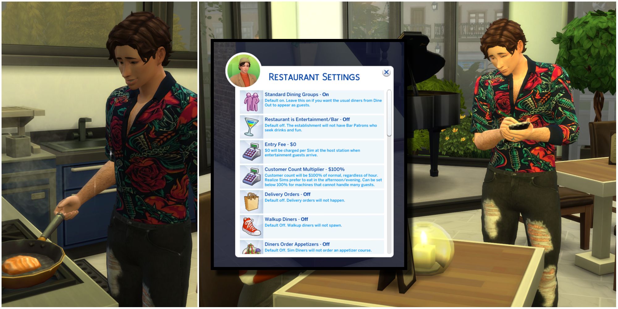 The Sims 4 - The extra features and options from the Dine Out Reloaded mod, which allows players to play active careers in the restaurant business