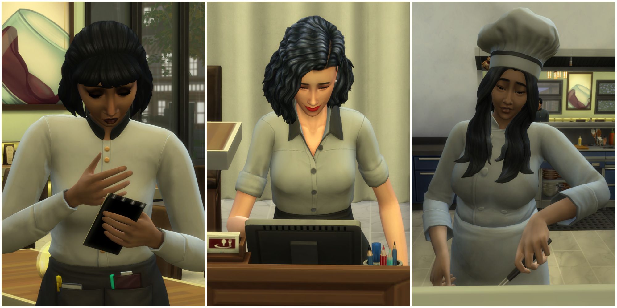 The Sims 4: Three employees - a waitress, a hostess, and a chef - all working longer hours thanks to the Employees Stay 24 Hours mod.