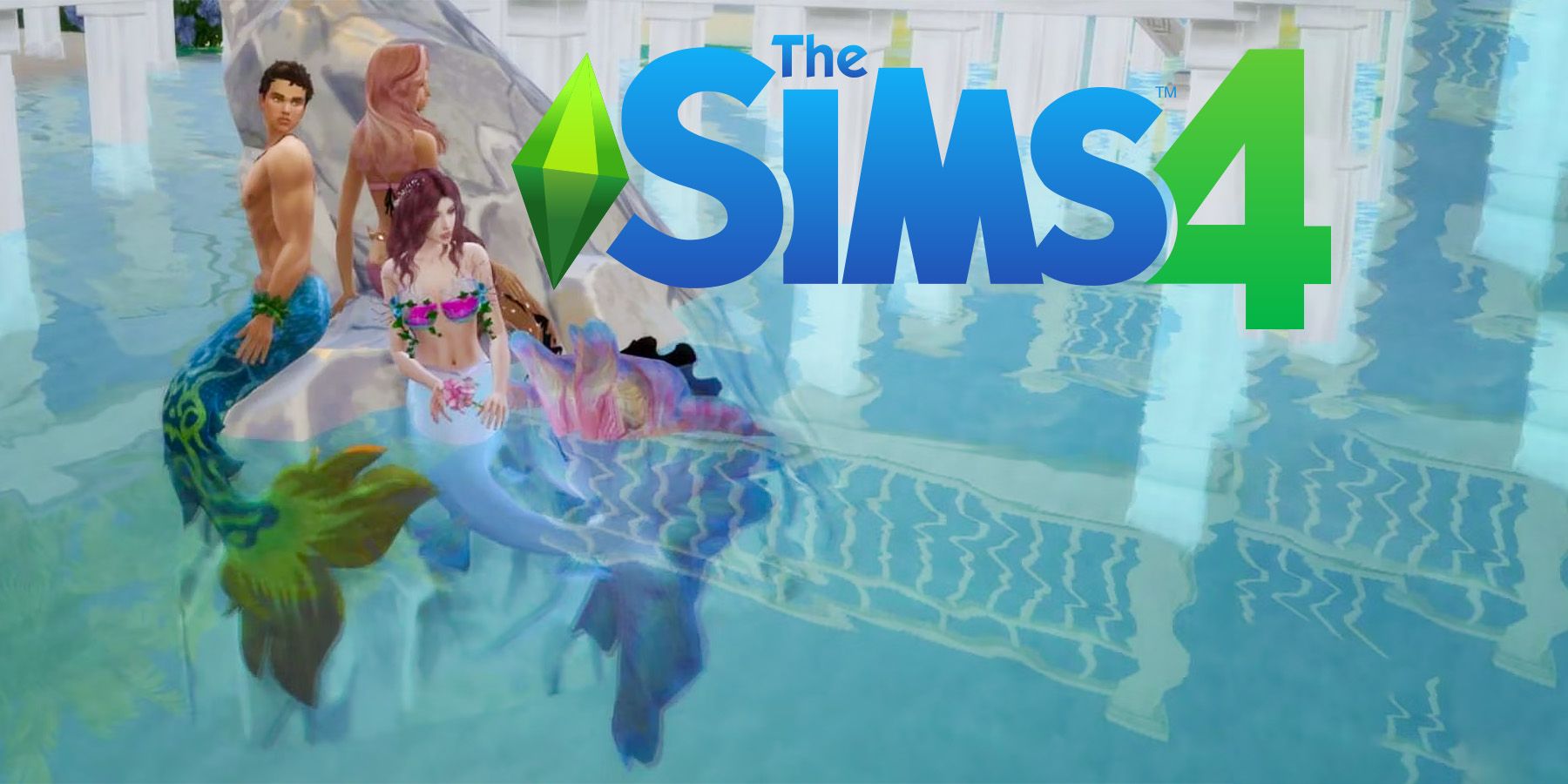 The Sims 4 Island Living three Sulani mermaids next to game logo composite
