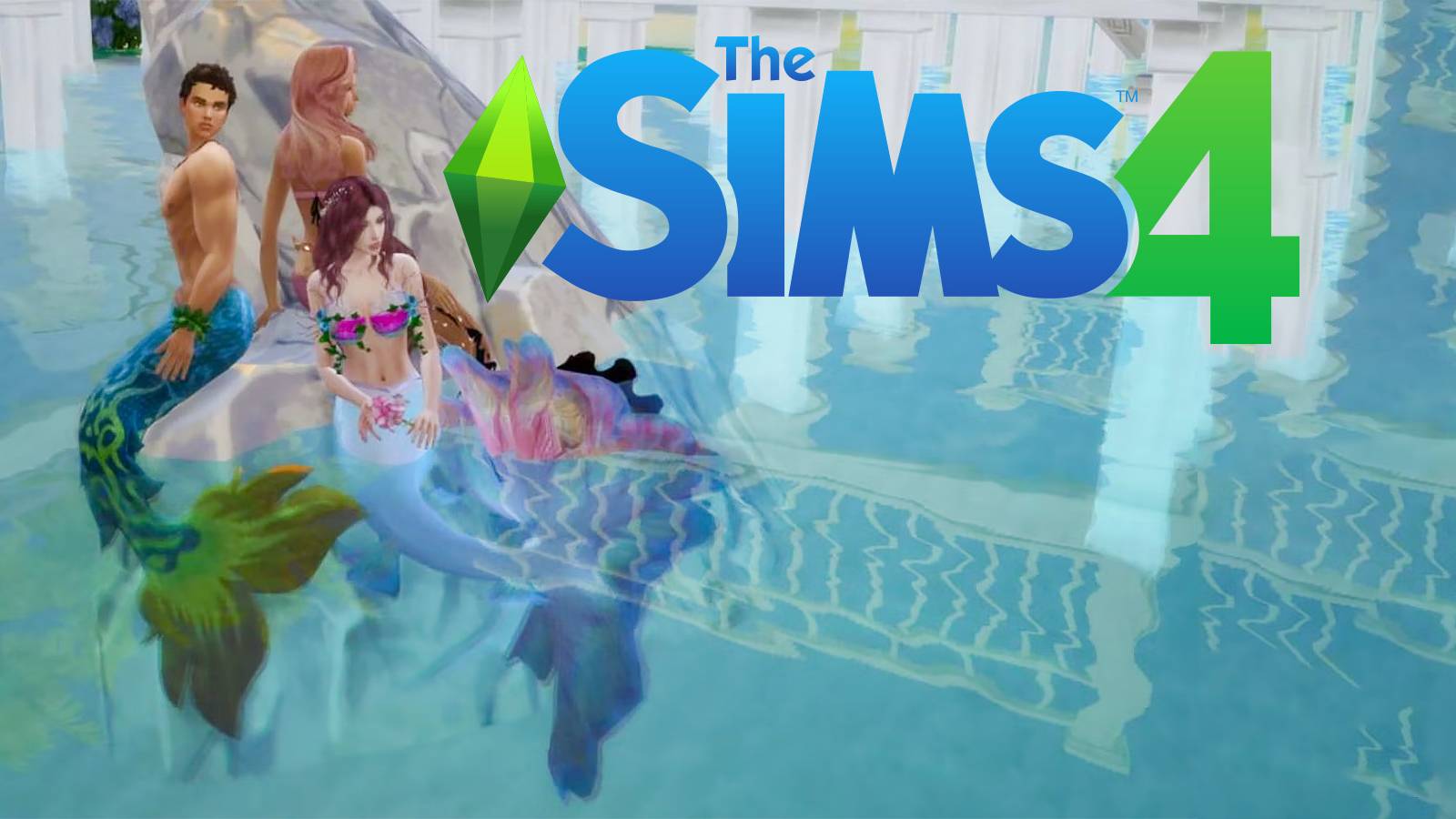 The Sims 4 Island Living three Sulani mermaids next to game logo composite