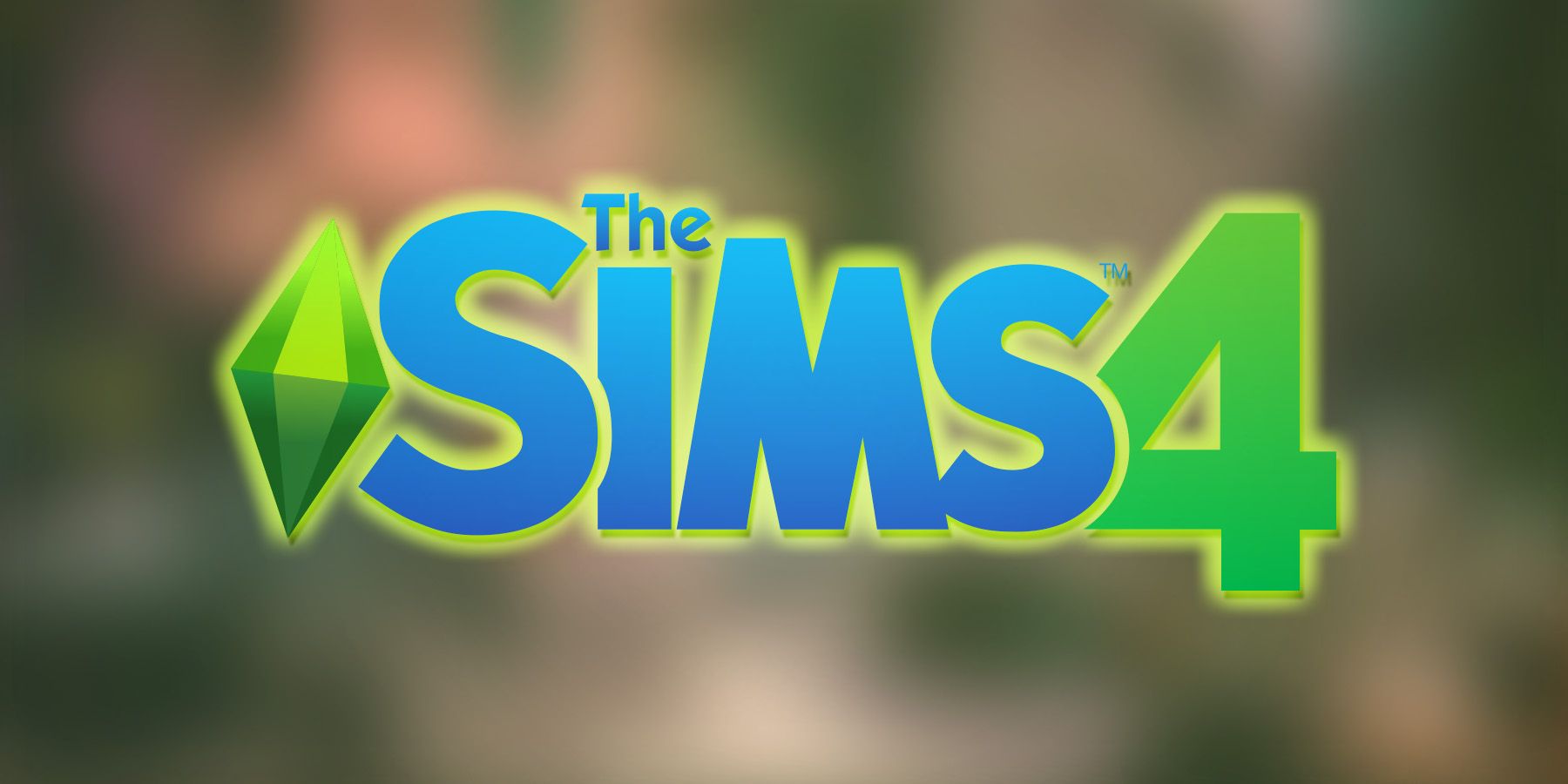 The Sims 4 logo with lime outer glow and drop shadow on blurred Bloom Rooms Kit DLC pack screenshot