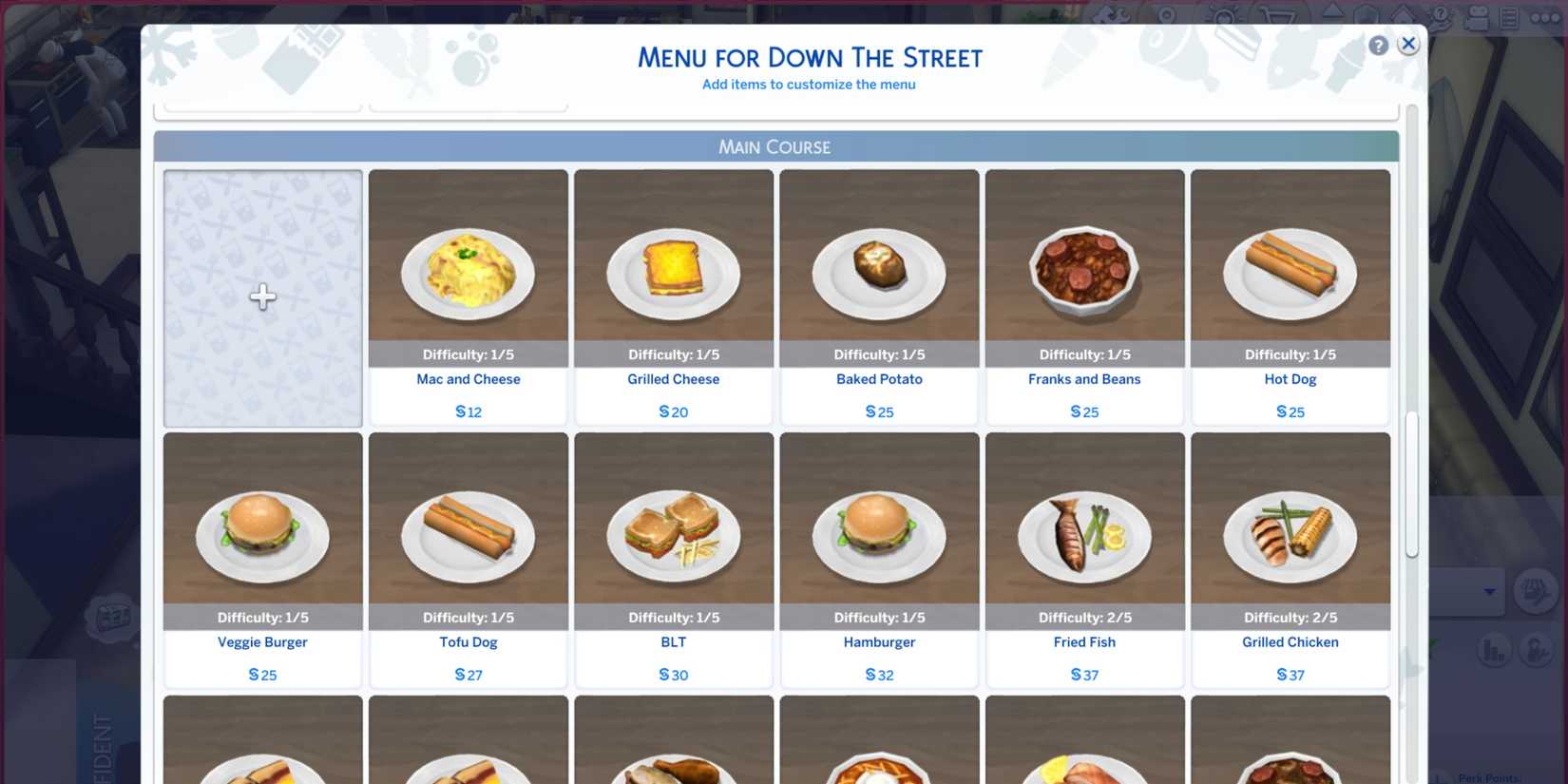 The Sims 4 - A screenshot of the menu options for a restaurant with the More Restaurant Menu Options mod installed