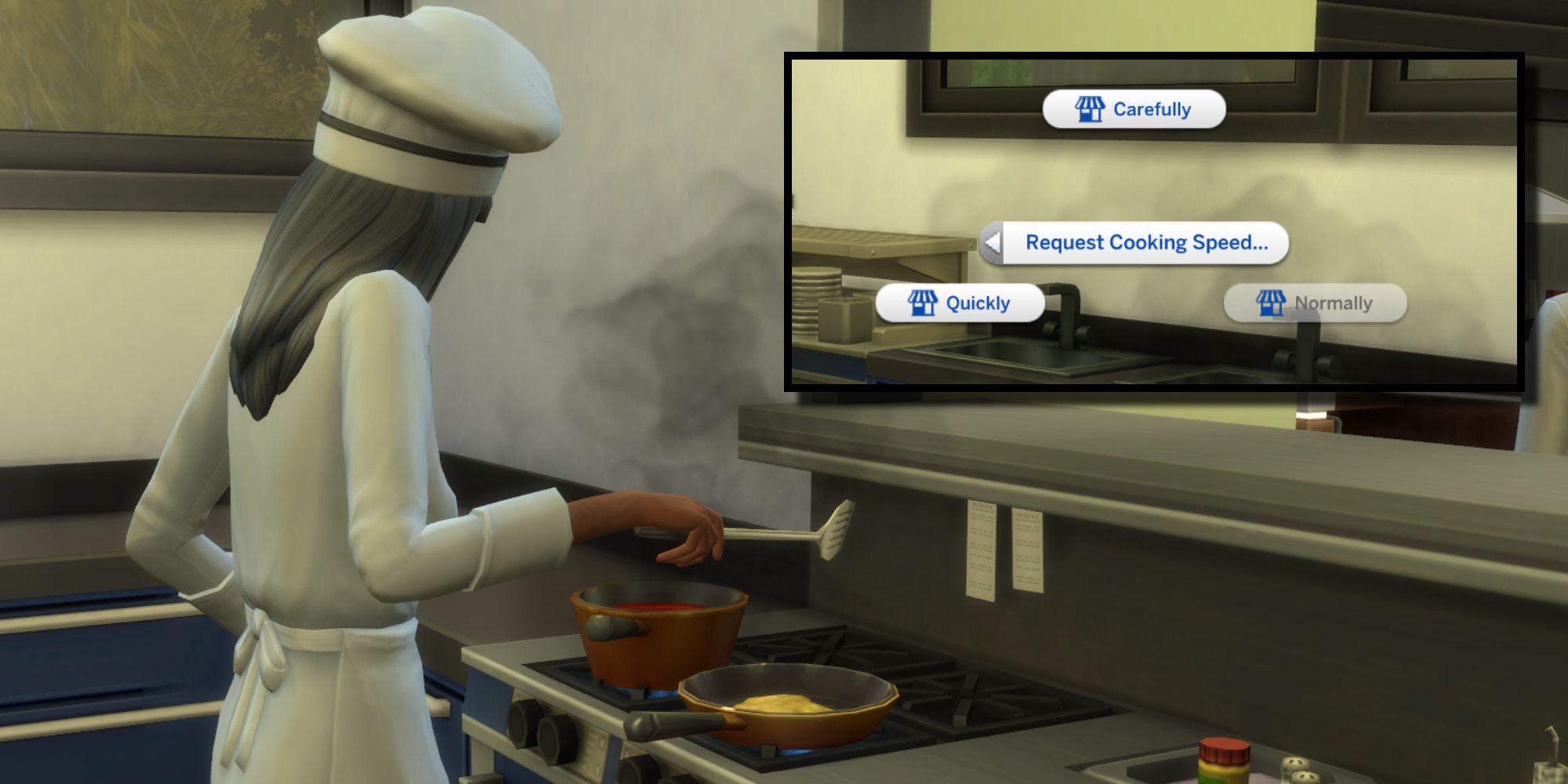 The Sims 4 - A chef cooking quicker with the Restaurant Faster Cooking Mod and the options players can choose for their chefs to cook