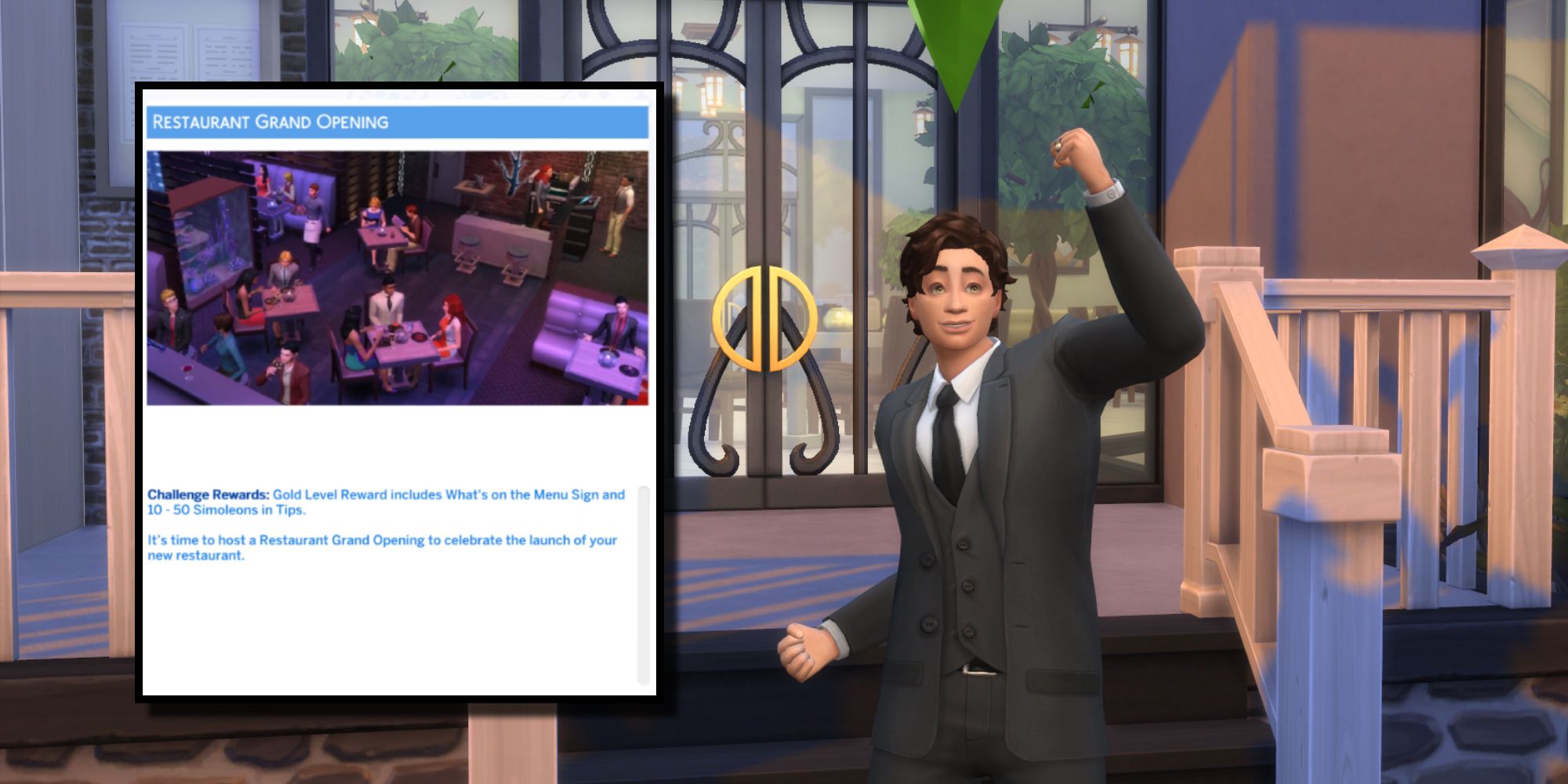 The Sims 4 - A restaurant owner excited in front of his new restaurant and the description of the custom grand opening event.