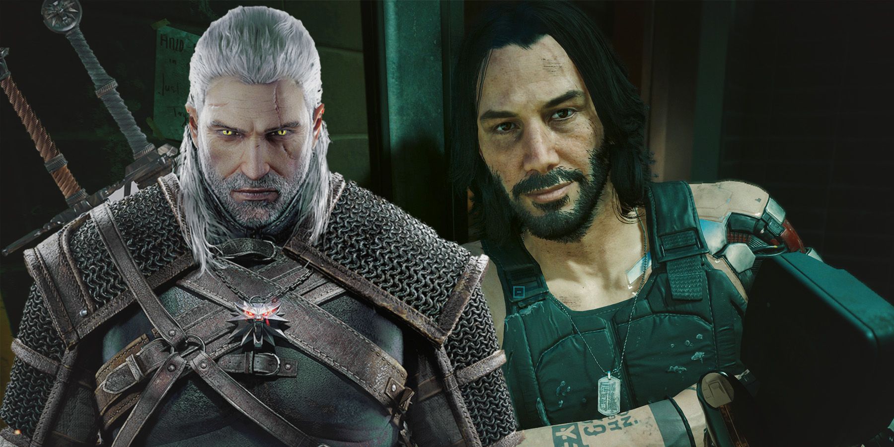 The Witcher 3 Wild Hunt Geralt of Rivia artwork next to Keanu Reeves as Johnny Silverhand leaning on wall in Cyberpunk 2077 Phantom Liberty