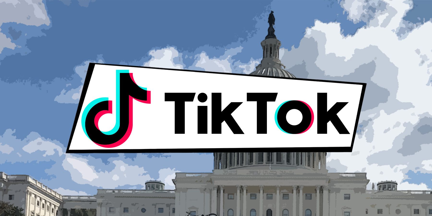 TikTok logo in black and white cutout frame in front of US House of Representatives building rooftop