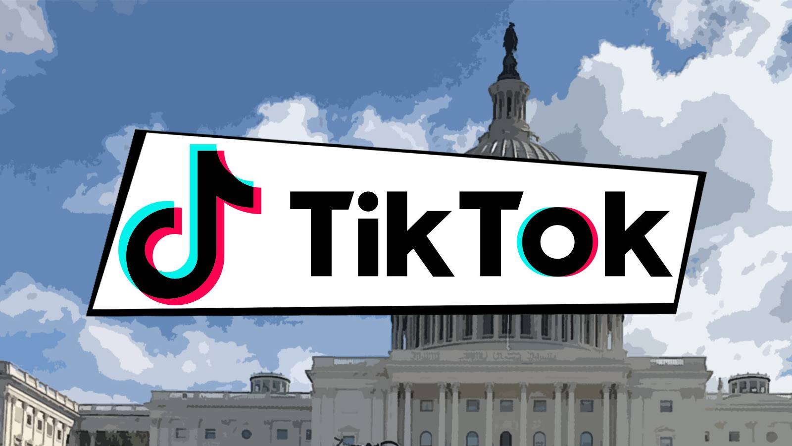 TikTok logo in black and white cutout frame in front of US House of Representatives building rooftop