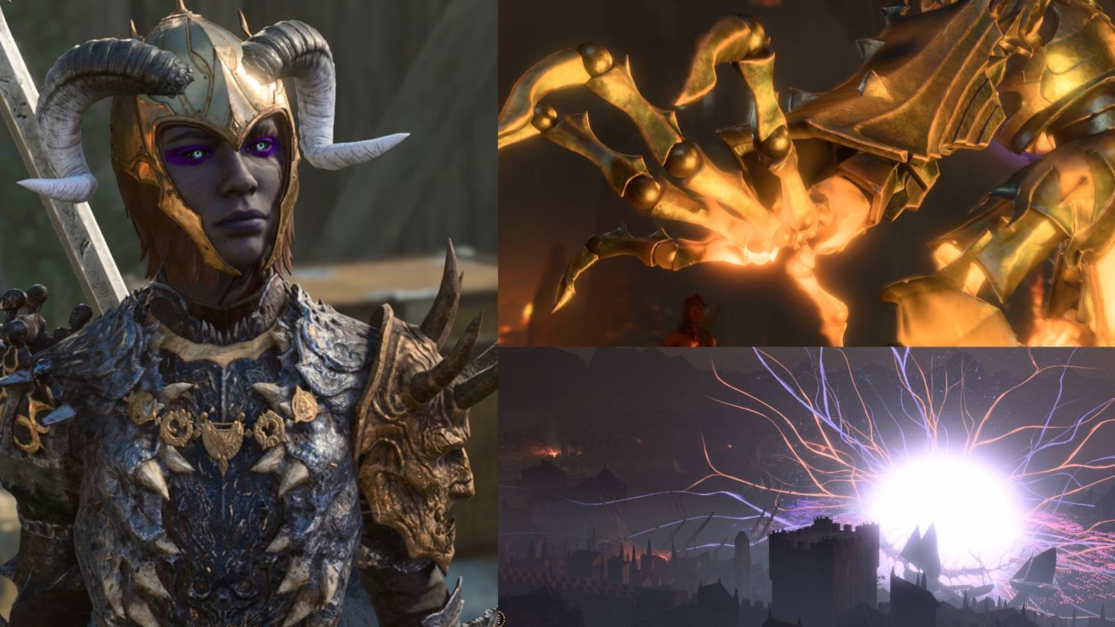 Baldur's Gate 3 split image heavily armored character, a skeletal hand reaching out, and a lightning storm spell