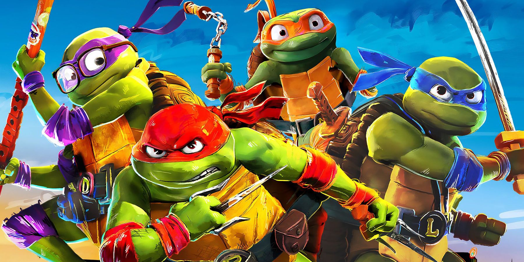A promotional image of the Teenage Mutant Ninja Turtles in TMNT: Mutant Mayhem.